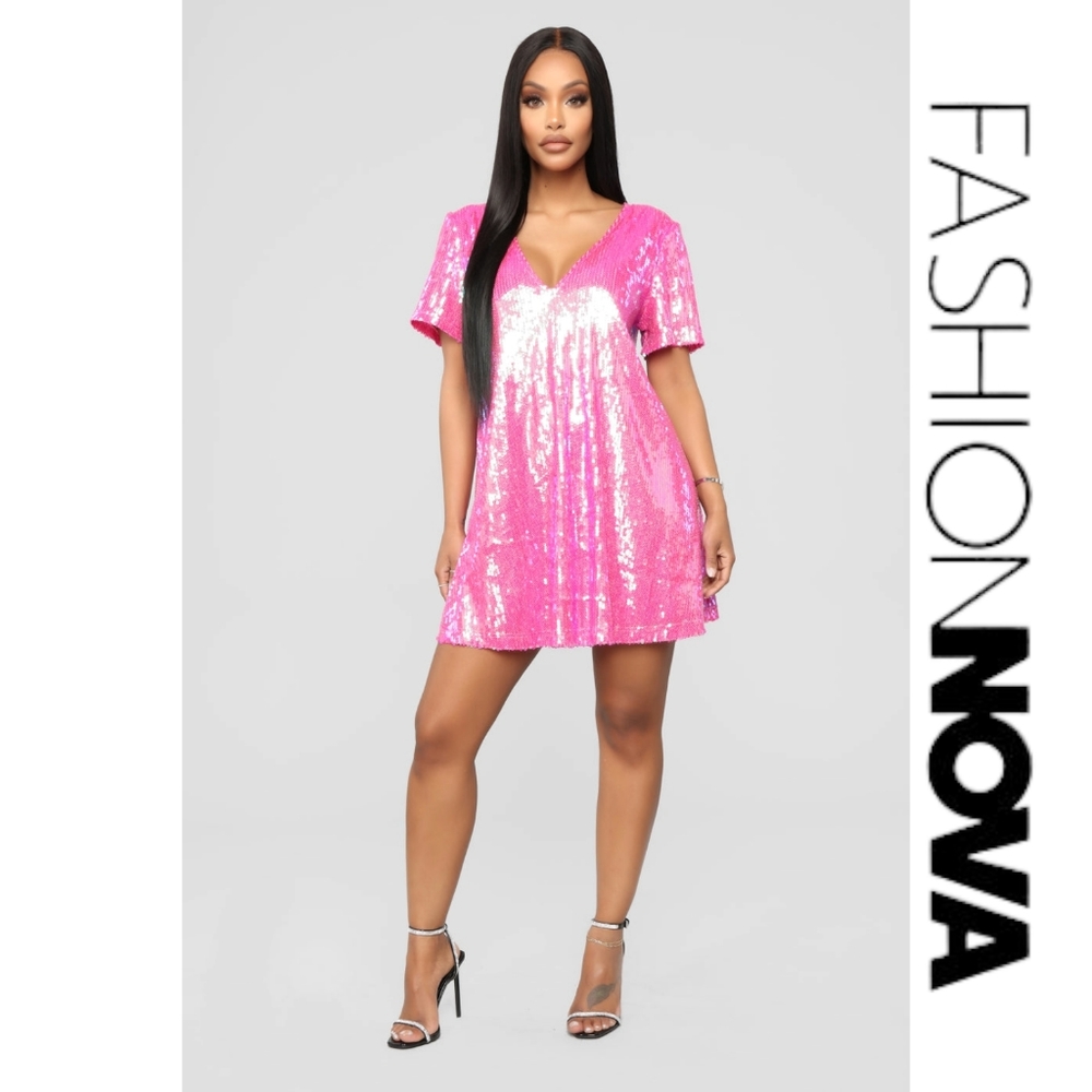 FashionNOVA Women's It's Poppin Pink Sequin Vneck Shirt Dress Size XL